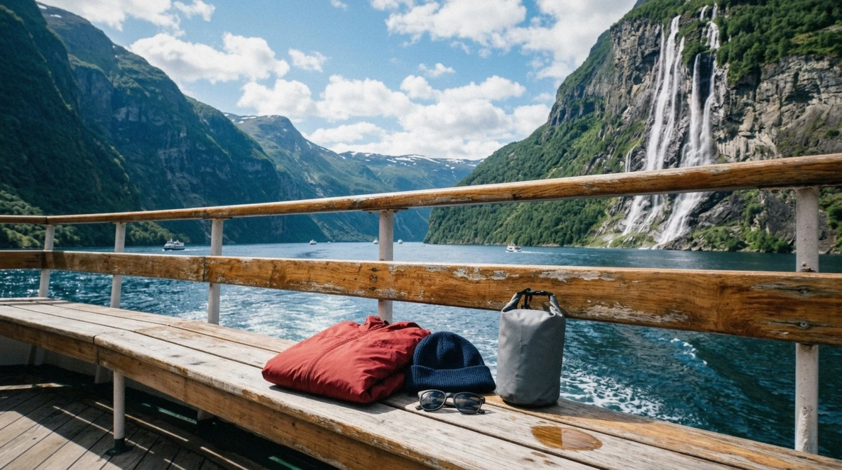 Windproof jacket and layered outfit laid out for what to wear on a fjord cruise in Geiranger, Norway