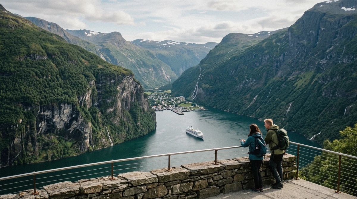 Geiranger village and ferry quay seen from the fjord, the departure point for the Geiranger Hellesylt ferry